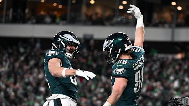 Jan 11, 2026; Philadelphia, PA, USA; Philadelphia Eagles tight end Dallas Goedert (88) celebrates after scoring a touchdown against the San Francisco 49ers with tight end Grant Calcaterra (81) during the second quarter in an NFC Wild Card Round game at Lincoln Financial Field. Mandatory Credit: Eric Hartline-Imagn Images