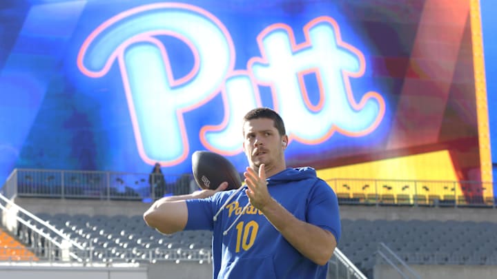 Oct 4, 2025; Pittsburgh, Pennsylvania, USA;  Pittsburgh Panthers quarterback Eli Holstein (10) warms up before the game against the Boston College Eagles at Acrisure Stadium. Mandatory Credit: Charles LeClaire-Imagn Images
