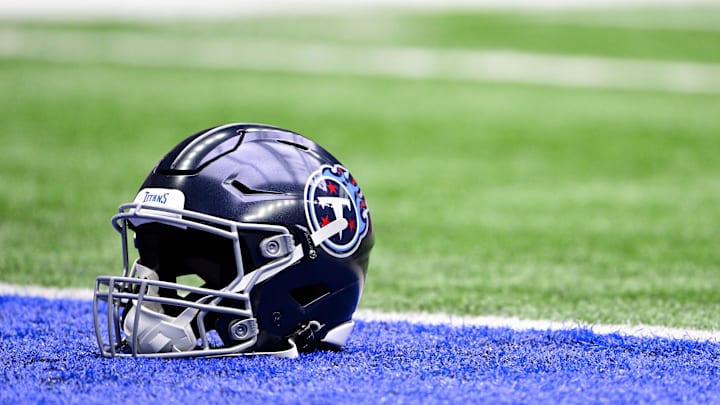 Oct 8, 2023; Indianapolis, Indiana, USA;  A Tennessee Titans helmet sits in the end zone before the
