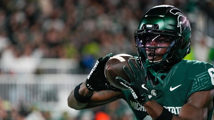 Oct 25, 2025; East Lansing, Michigan, USA; Michigan State Spartans wide receiver Nick Marsh (6)warms up prior to a game against the Michigan Wolverines at Spartan Stadium. Mandatory Credit: Brendan Mullin-Imagn Images