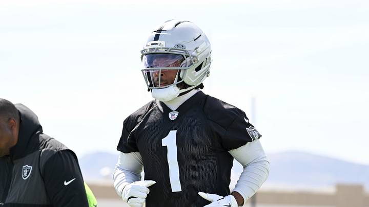 Jun 3, 2026; Henderson, NV, USA; Las Vegas Raiders wide receiver Tre Tucker (1) runs a drill during organized team activities at Intermountain Health Performance Center. Mandatory Credit: Candice Ward-Imagn Images