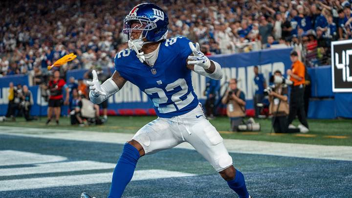 New York Giants cornerback Dru Phillips (22) reacts as he receives a pass interference penalty during a week one opening game between the New York Giants and Dallas Cowboys at Metlife Stadium on Sunday, Sept. 13, 2026, in East Rutherford, NJ. New York Giants cornerback Dru Phillips (22) reacts as he receives a pass interference penalty during a week one opening game between the New York Giants and Dallas Cowboys at Metlife Stadium on Sunday, Sept. 13, 2026, in East Rutherford, NJ.