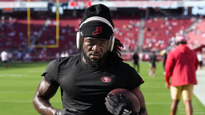 Oct 8, 2023; Santa Clara, California, USA; San Francisco 49ers wide receiver Brandon Aiyuk (11) warms up before the game against the Dallas Cowboys at Levi's Stadium. Mandatory Credit: Darren Yamashita-Imagn Images