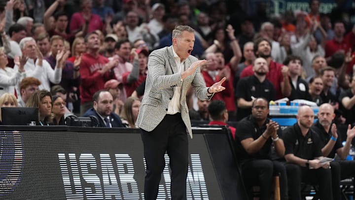 Mar 30, 2024; Los Angeles, CA, USA;  Alabama Crimson Tide head coach Nate Oats reacts in the first half against the Clemson Tigers in the finals of the West Regional of the 2024 NCAA Tournament at Crypto.com Arena. Mandatory Credit: Kirby Lee-Imagn Images