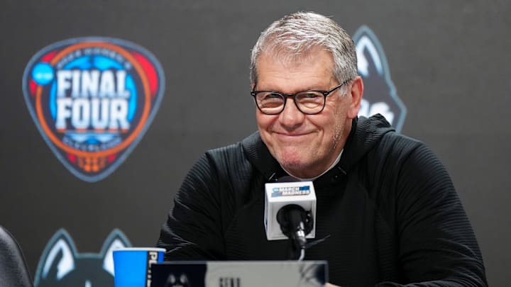 UConn Huskies coach Geno Auriemma during press conference at at the 2024 Women's Final Four. Credit: Kirby Lee-Imagn Images