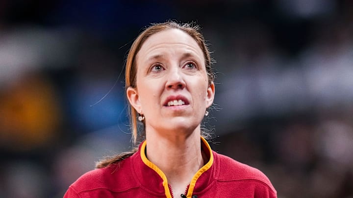 USC Trojans head coach Lindsay Gottlieb reacts to the action Saturday, March 8, 2025, in a semifinals game at the 2025 TIAA Big Ten Women's Basketball Tournament between the Iowa Hawkeyes and the Ohio State Buckeyes at Gainbridge Fieldhouse in Indianapolis.