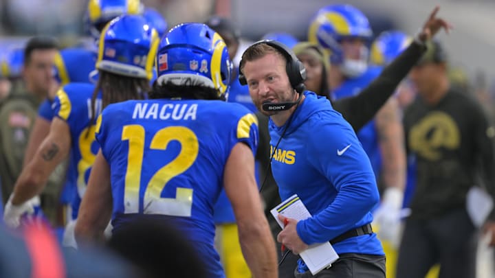Nov 2, 2025; Inglewood, California, USA; Los Angeles Rams head coach Sean McVay and wide receiver Puka Nacua (12) react after a touchdown against the New Orleans Saints during the first half at SoFi Stadium. Mandatory Credit: Jayne Kamin-Oncea-Imagn Images