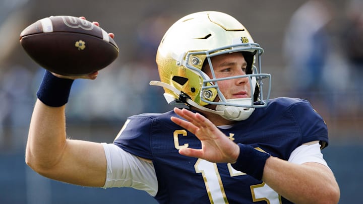 Notre Dame quarterback Riley Leonard warms up before a NCAA college football game between Notre Dame and Stanford at Notre Dame Stadium on Saturday, Oct. 12, 2024, in South Bend. Notre Dame quarterback Riley Leonard warms up before a NCAA college football game between Notre Dame and Stanford at Notre Dame Stadium on Saturday, Oct. 12, 2024, in South Bend.