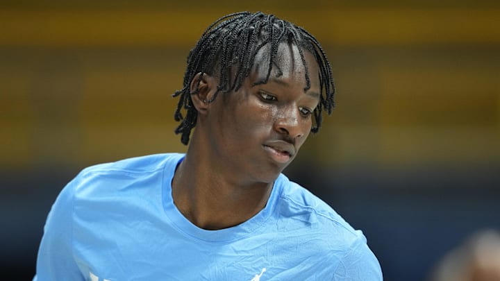 Jan 17, 2026; Berkeley, California, USA; North Carolina Tar Heels guard Isaiah Denis (5) before the game against the California Golden Bears at Haas Pavilion. Mandatory Credit: Darren Yamashita-Imagn Images