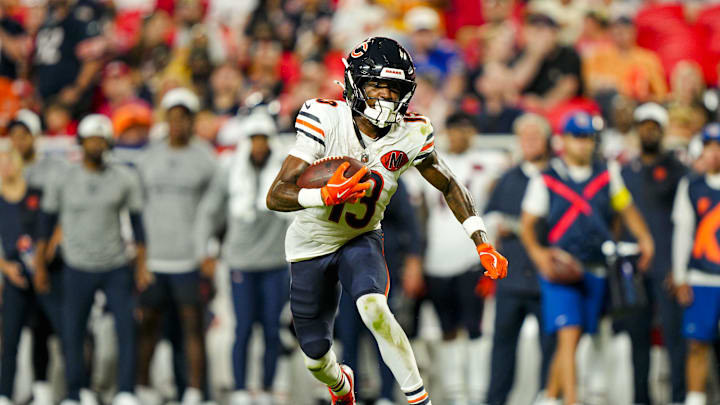 Aug 22, 2025; Kansas City, Missouri, USA; Chicago Bears wide receiver Maurice Alexander (13) runs with the ball during the second half against the Kansas City Chiefs at GEHA Field at Arrowhead Stadium. Mandatory Credit: Jay Biggerstaff-Imagn Images