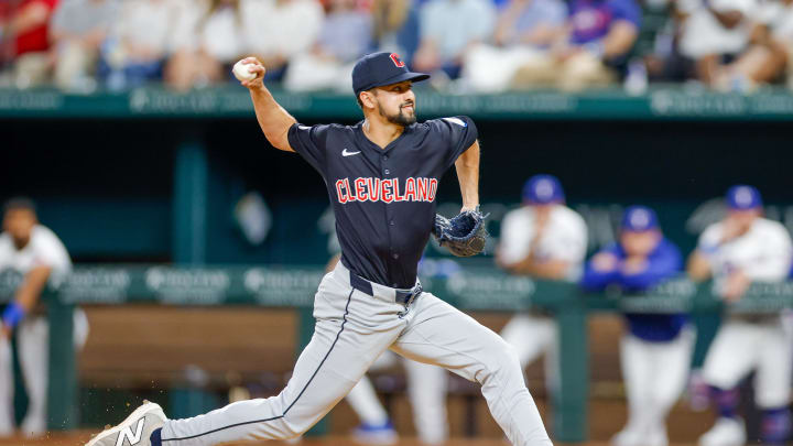 May 13, 2024; Arlington, Texas, USA; Cleveland Guardians pitcher Nick Sandlin (52) comes on in relief during the sixth inning against the Texas Rangers at Globe Life Field.