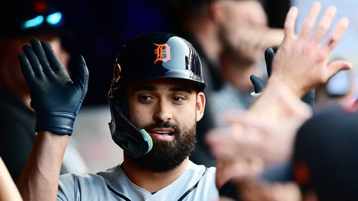 Cleveland, Ohio, USA; Detroit Tigers left fielder Riley Greene (31) celebrates after hitting a home run during the first inning against the Cleveland Guardians at Progressive Field. Mandatory Credit: Ken Blaze-Imagn Images Cleveland, Ohio, USA; Detroit Tigers left fielder Riley Greene (31) celebrates after hitting a home run during the first inning against the Cleveland Guardians at Progressive Field. Mandatory Credit: Ken Blaze-Imagn Images