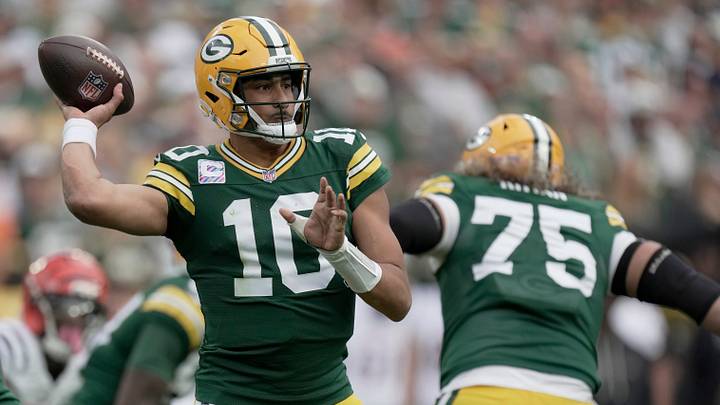 Green Bay Packers quarterback Jordan Love (10) throws a pass during the first quarter of their game against the Cincinnati Bengals Sunday, October 12, 2025 at Lambeau Field in Green Bay, Wisconsin. Green Bay Packers quarterback Jordan Love (10) throws a pass during the first quarter of their game against the Cincinnati Bengals Sunday, October 12, 2025 at Lambeau Field in Green Bay, Wisconsin.