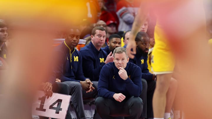 Feb 8, 2026; Columbus, Ohio, USA;  Michigan Wolverines head coach Dusty May looks on during the second half against the Ohio State Buckeyes at Value City Arena. Mandatory Credit: Joseph Maiorana-Imagn Images