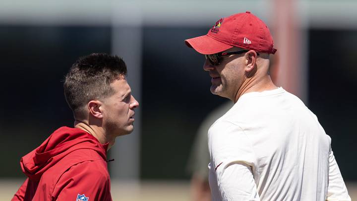 May 8, 2026; Tempe, AZ, USA; Arizona Cardinals head coach Mike LaFleur (left) with general manager Monti Ossenfort during rookie minicamp at Dignity Health Arizona Cardinals Training Center. Mandatory Credit: Mark J. Rebilas-Imagn Images