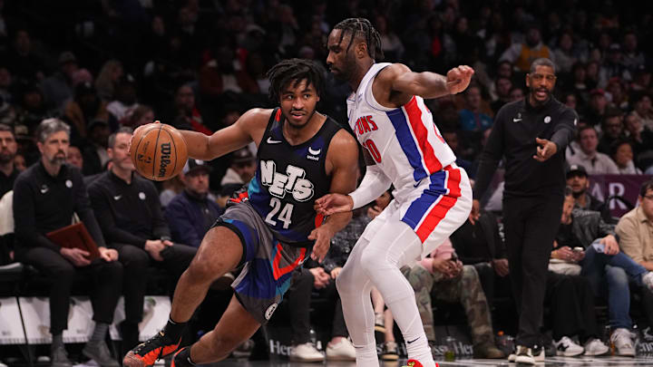 Apr 6, 2024; Brooklyn, New York, USA; Brooklyn Nets shooting guard Cam Thomas (24) drives the ball against Detroit Pistons shooting guard Jaylen Nowell (20) during the second half at Barclays Center. Mandatory Credit: Gregory Fisher-Imagn Images Apr 6, 2024; Brooklyn, New York, USA; Brooklyn Nets shooting guard Cam Thomas (24) drives the ball against Detroit Pistons shooting guard Jaylen Nowell (20) during the second half at Barclays Center. Mandatory Credit: Gregory Fisher-Imagn Images