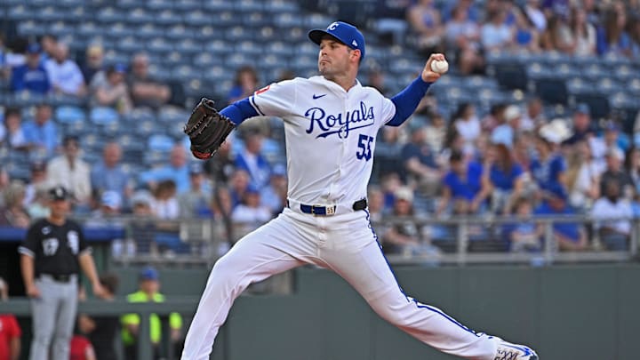 Kansas City Royals pitcher Cole Ragans (55) throws in the first inning against the Chicago White Sox at Kauffman Stadium on May 5.
