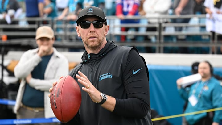 Jan 11, 2026; Jacksonville, FL, USA; Jacksonville Jaguars head coach Liam Coen before an AFC Wild Card Round game against the Buffalo Bills at EverBank Stadium. Mandatory Credit: Melina Myers-Imagn Images
