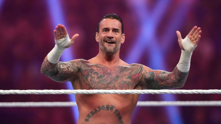 Jan 27, 2024; St. Petersburg, FL, USA; CM Punk reacts during the Men s Royal Rumble match at Tropicana Field. Jan 27, 2024; St. Petersburg, FL, USA; CM Punk reacts during the Men s Royal Rumble match at Tropicana Field.