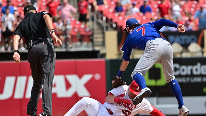Jul 30, 2026; St. Louis, Missouri, USA; Chicago Cubs shortstop Dansby Swanson (7) puts the tag on St. Louis Cardinals third baseman Blaze Jordan (33) at second base in the sixth inning at Busch Stadium. Mandatory Credit: Tim Vizer-Imagn Images Jul 30, 2026; St. Louis, Missouri, USA; Chicago Cubs shortstop Dansby Swanson (7) puts the tag on St. Louis Cardinals third baseman Blaze Jordan (33) at second base in the sixth inning at Busch Stadium. Mandatory Credit: Tim Vizer-Imagn Images