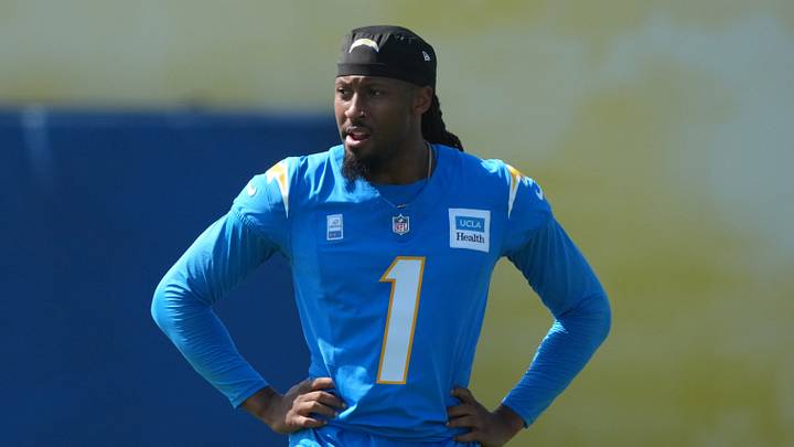 Jul 30, 2026; El Segundo, CA, USA; Los Angeles Chargers receiver Quentin Johnston (1) at training camp at The Bolt. Mandatory Credit: Kirby Lee-Imagn Images Jul 30, 2026; El Segundo, CA, USA; Los Angeles Chargers receiver Quentin Johnston (1) at training camp at The Bolt. Mandatory Credit: Kirby Lee-Imagn Images