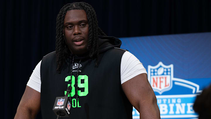 Feb 28, 2026; Indianapolis, IN, USA; Mississippi offensive lineman Diego Pounds (OL39) speaks to members of the media during the NFL Combine at the Indiana Convention Center. Mandatory Credit: Jacob Musselman-Imagn Images