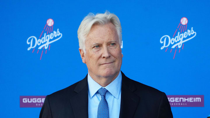 Dec 14, 2023; Los Angeles, CA, USA;  Los Angeles Dodgers owner Mark Walter at a introductory press conference for Shohei Ohtani at Dodger Stadium. Mandatory Credit: Kirby Lee-Imagn Images