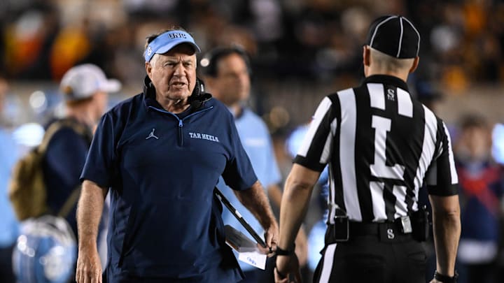 Oct 17, 2025; Berkeley, California, USA; North Carolina Tar Heels head coach Bill Belichick reacts against the California Golden Bears in the first quarter at California Memorial Stadium. Oct 17, 2025; Berkeley, California, USA; North Carolina Tar Heels head coach Bill Belichick reacts against the California Golden Bears in the first quarter at California Memorial Stadium.