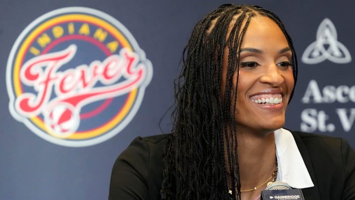 Indiana Fever forward DeWanna Bonner speaks during an introductory press conference Monday, Feb. 10, 2025, at Gainbridge Fieldhouse in Indianapolis.