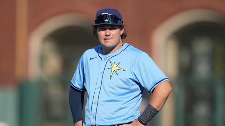 Aug 16, 2025; San Francisco, California, USA; Tampa Bay Rays first base Bob Seymour (41) stands on the field before the game against the San Francisco Giants at Oracle Park. Mandatory Credit: Darren Yamashita-Imagn Images