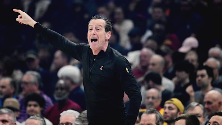 Mar 9, 2026; Cleveland, Ohio, USA; Cleveland Cavaliers head coach Kenny Atkinson reacts against the Philadelphia 76ers during the first quarter at Rocket Arena. Mandatory Credit: Ken Blaze-Imagn Images Mar 9, 2026; Cleveland, Ohio, USA; Cleveland Cavaliers head coach Kenny Atkinson reacts against the Philadelphia 76ers during the first quarter at Rocket Arena. Mandatory Credit: Ken Blaze-Imagn Images