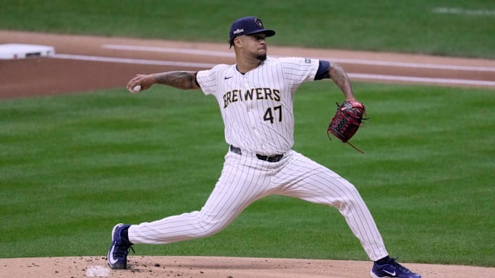 Milwaukee Brewers pitcher Frankie Montas (47) throws during the first inning of their wild-card playoff game against the New York Mets Wednesday, October 2, 2024 at American Family Field in Milwaukee, Wisconsin.