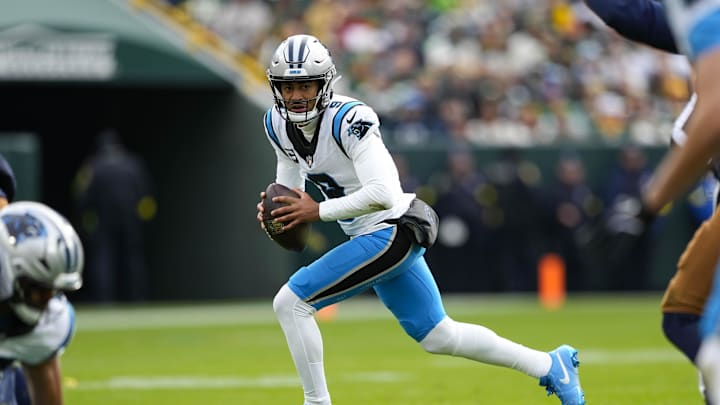 Nov 2, 2025; Green Bay, Wisconsin, USA;  Carolina Panthers quarterback Bryce Young (9) during the game against the Green Bay Packers at Lambeau Field. Mandatory Credit: Jeff Hanisch-Imagn Images