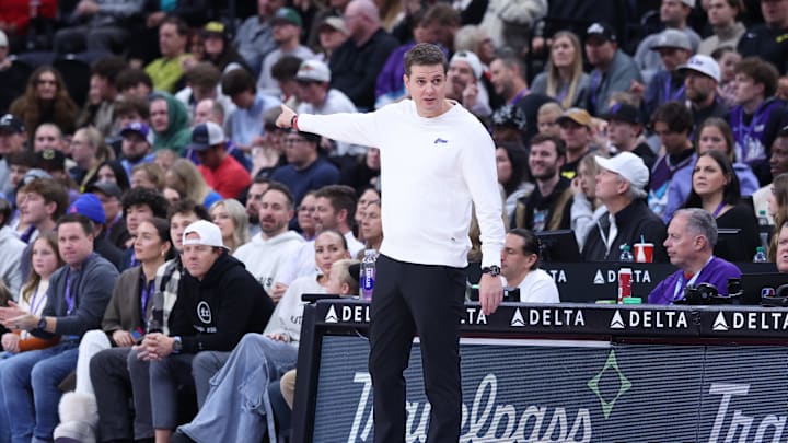 Dec 28, 2024; Salt Lake City, Utah, USA; Utah Jazz head coach Will Hardy gives instructions during the second quarter against the Philadelphia 76ers at Delta Center. Mandatory Credit: Rob Gray-Imagn Images
