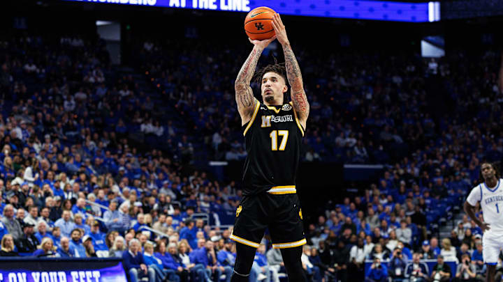 Jan 7, 2026; Lexington, Kentucky, USA; Missouri Tigers guard Jayden Stone (17) shoots a free throw during the first half against the Kentucky Wildcats at Rupp Arena at Central Bank Center. Mandatory Credit: Jordan Prather-Imagn Images