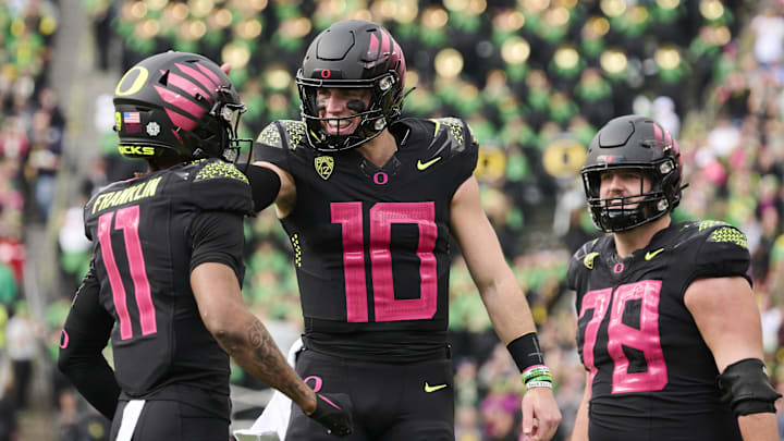 Oct 22, 2022; Eugene, Oregon, USA; Oregon Ducks wide receiver Troy Franklin (11) celebrates with