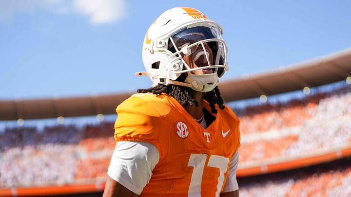 Tennessee wide receiver Chris Brazzell II (17) yells in celebration after scoring a touchdown during a NCAA football game between Tennessee and Georgia at Neyland Stadium in Knoxville, Tennessee, on September 13, 2025.