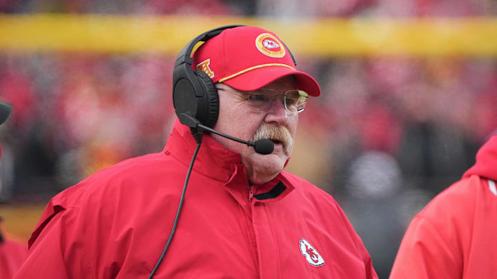 Jan 18, 2025; Kansas City, Missouri, USA; Kansas City Chiefs head coach Andy Reid on the sidelines against the Houston Texans during the first half of a 2025 AFC divisional round game at GEHA Field at Arrowhead Stadium. Mandatory Credit: Denny Medley-Imagn Images