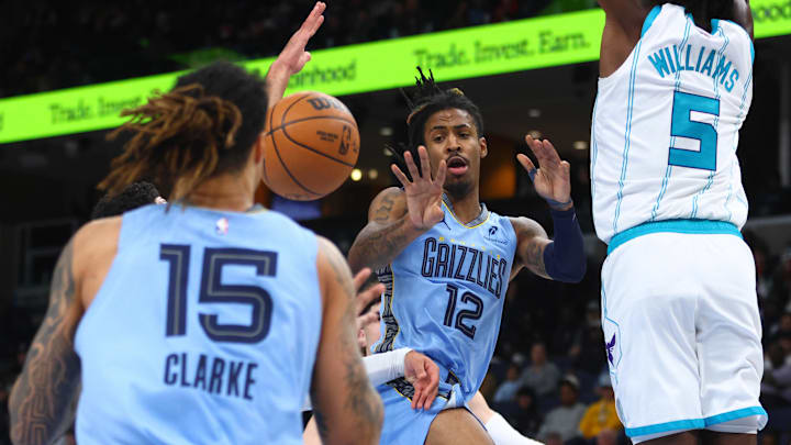 Memphis Grizzlies guard Ja Morant (12) passes the ball to forward Brandon Clarke (15) during the third quarter against the Charlotte Hornets at FedExForum. Mandatory Credit: Petre Thomas-Imagn Images Memphis Grizzlies guard Ja Morant (12) passes the ball to forward Brandon Clarke (15) during the third quarter against the Charlotte Hornets at FedExForum. Mandatory Credit: Petre Thomas-Imagn Images