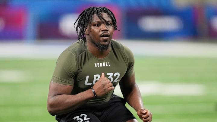 Mississippi State linebacker Tyrus Wheat  participates in drills during the NFL Combine at Lucas Oil Stadium