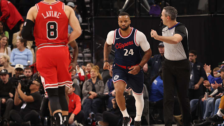Jan 20, 2025; Inglewood, California, USA; LA Clippers guard Norman Powell (24) reacts after a basket during the 2nd quarter against the Chicago Bulls at Intuit Dome. Mandatory Credit: Jason Parkhurst-Imagn Images Jan 20, 2025; Inglewood, California, USA; LA Clippers guard Norman Powell (24) reacts after a basket during the 2nd quarter against the Chicago Bulls at Intuit Dome. Mandatory Credit: Jason Parkhurst-Imagn Images