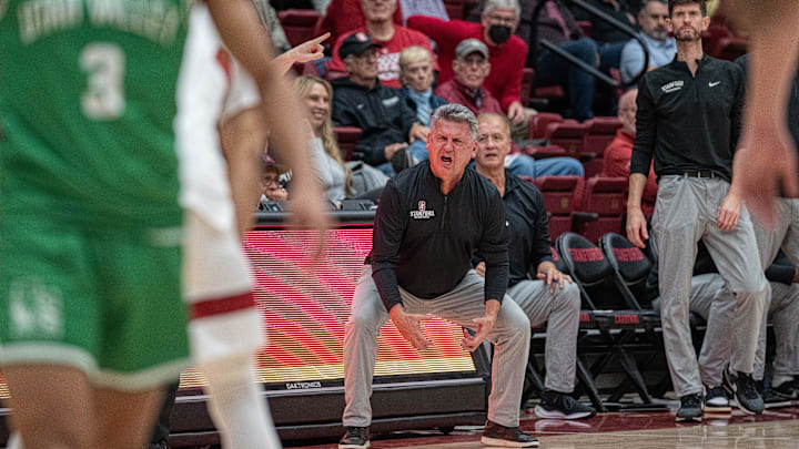 Dec 3, 2024; Stanford, California, USA; Stanford Cardinal head coach Kyle Smith reacts after the play against the Utah Valley Wolverines during the second half at Maples Pavilion. Mandatory Credit: Neville E. Guard-Imagn Images Dec 3, 2024; Stanford, California, USA; Stanford Cardinal head coach Kyle Smith reacts after the play against the Utah Valley Wolverines during the second half at Maples Pavilion. Mandatory Credit: Neville E. Guard-Imagn Images