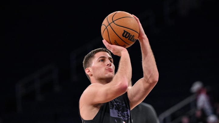 Jan 17, 2026; New York, New York, USA; Phoenix Suns guard Collin Gillespie (12) warms up before a game against the New York Knicks at Madison Square Garden. Mandatory Credit: John Jones-Imagn Images