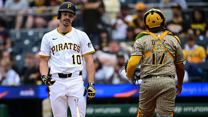 May 4, 2025; Pittsburgh, Pennsylvania, USA; Pittsburgh Pirates right fielder Bryan Reynolds (10) reacts after striking out during the third inning against the San Diego Padres at PNC Park. Mandatory Credit: David Dermer-Imagn Images