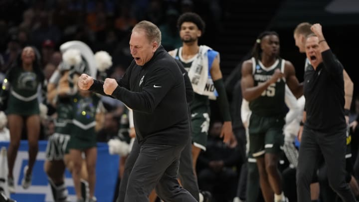 March 21, 2024, Charlotte, NC, USA; Michigan State Spartans head coach Tom Izzo reacts against the Mississippi State Bulldogs in the first round of the 2024 NCAA Tournament at the Spectrum Center. Mandatory Credit: Bob Donnan-USA TODAY Sports March 21, 2024, Charlotte, NC, USA; Michigan State Spartans head coach Tom Izzo reacts against the Mississippi State Bulldogs in the first round of the 2024 NCAA Tournament at the Spectrum Center. Mandatory Credit: Bob Donnan-USA TODAY Sports