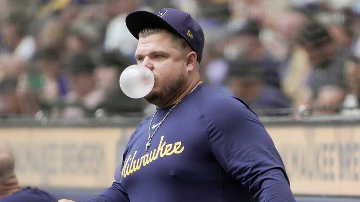 Milwaukee Brewers hitting coach Daniel Vogelbach is shown during the first inning of their game against the New York Mets Wednesday, July 22, 2026 at American Family Field in Milwaukee, Wisconsin.