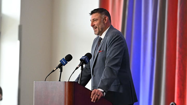 Jan 13, 2025; Foxborough, MA, USA; Mike Vrabel addresses media at a press conference to announce his hiring as the New England Patriots head coach at Gillette Stadium. Mandatory Credit: Eric Canha-Imagn Images