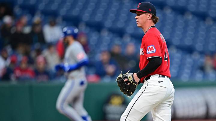 Apr 6, 2026: Cleveland Guardians relief pitcher Peyton Pallette (41) waits for Kansas City Royals catcher Carter Jensen (22) to run the bases after hitting a solo home run during the sixth inning at Progressive Field. 