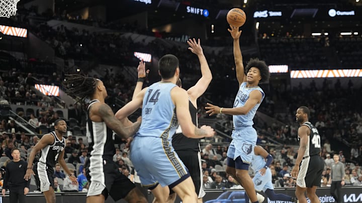 Dec 2, 2025; San Antonio, Texas, USA; Memphis Grizzlies guard Jaylen Wells (0) passes the ball during the second half against the San Antonio Spurs at Frost Bank Center. Mandatory Credit: Scott Wachter-Imagn Images