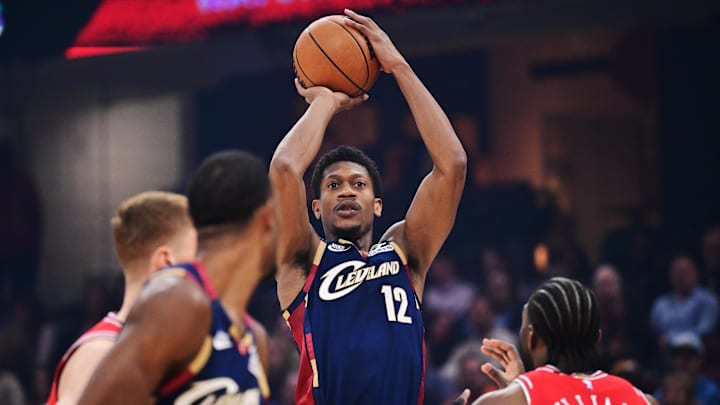Nov 8, 2025; Cleveland, Ohio, USA; Cleveland Cavaliers forward De'Andre Hunter (12) shoots against the Chicago Bulls during the first quarter at Rocket Arena. Mandatory Credit: Ken Blaze-Imagn Images